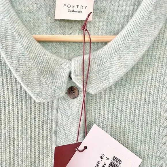 NWT $320 Poetry Collared Cardigan Pure Cashmere Mint Green UK 10 US 6